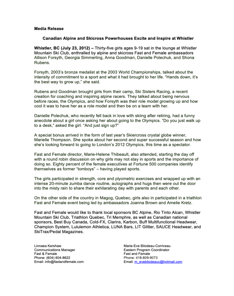 Fast and Female Whistler event press release.
