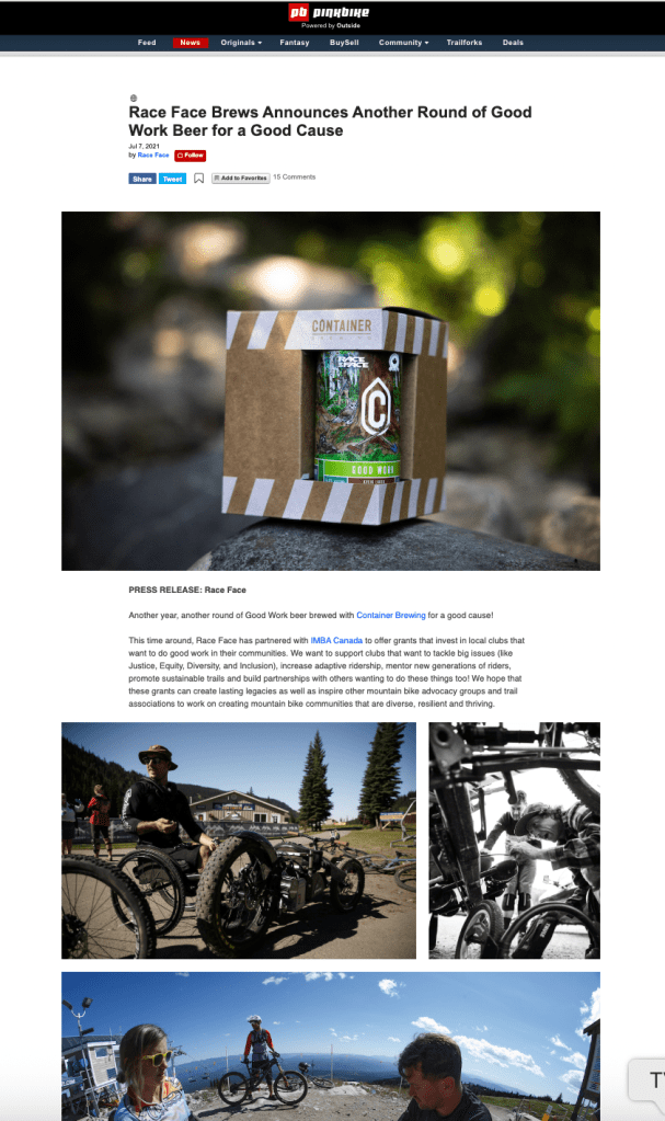 Race Face good work grant launch press release.