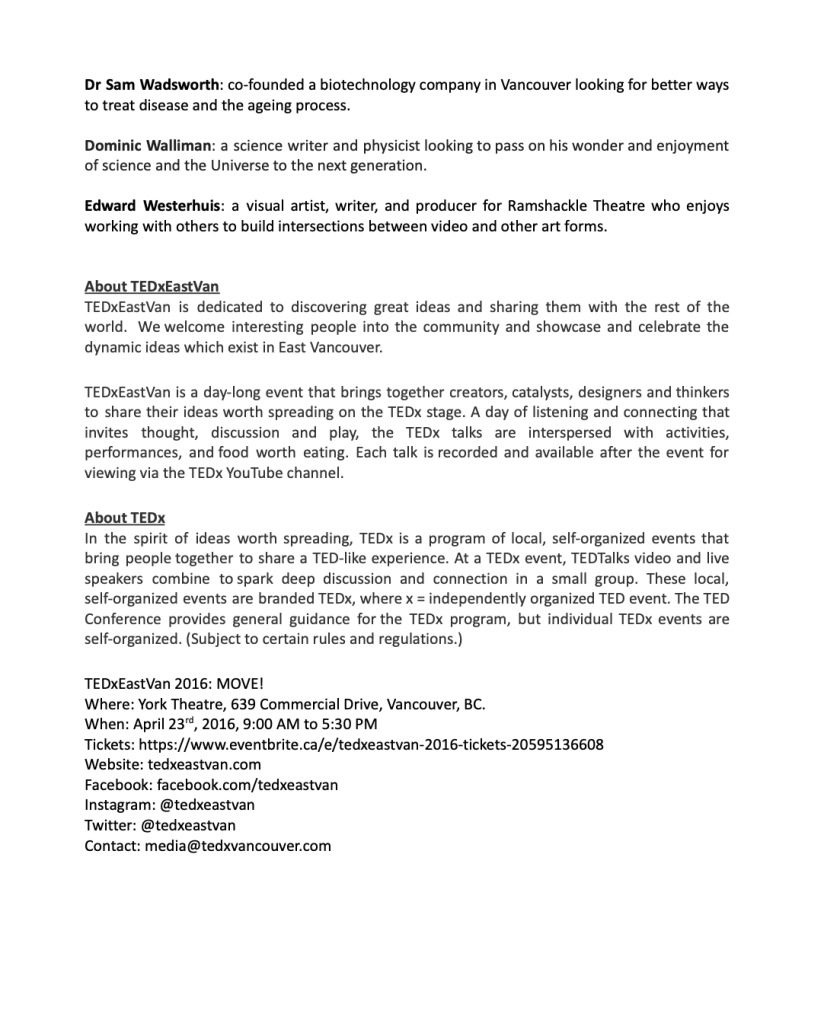 Page two of TEDxEastVan speaker announcement press release.
